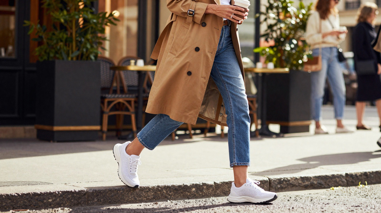 Pessoa usando casaco bege, calça jeans e tênis branco atravessando a rua com dois copos de café nas mãos.