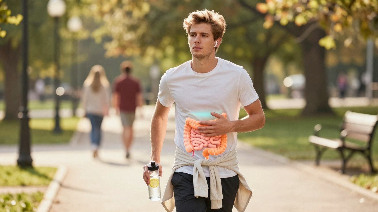 Homem caminhando no parque segurando garrafa d'água com ilustração do intestino sobreposto ao corpo.