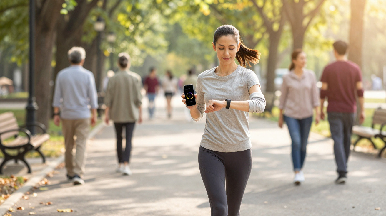 Mulher jovem correndo no parque e olhando para relógio inteligente enquanto segura celular.