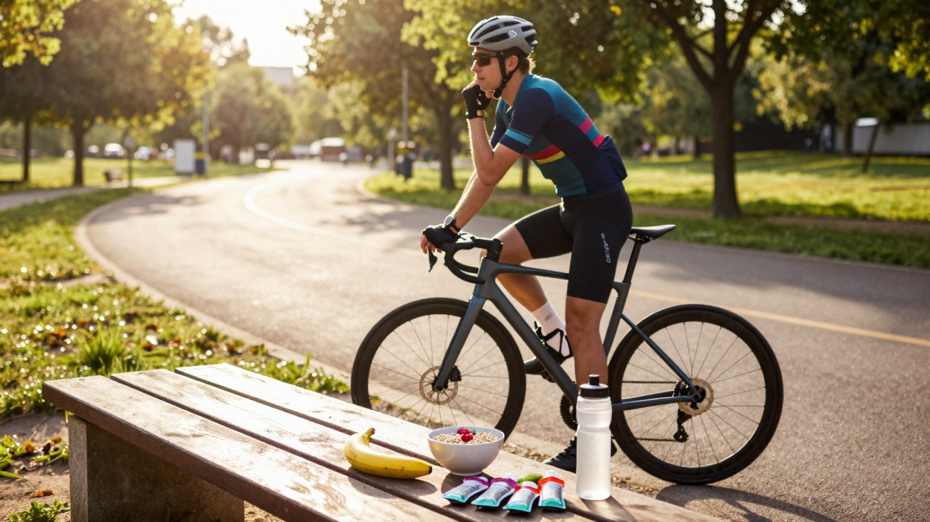 Homem com capacete e roupa de ciclismo pegando lanche em banco próximo a bicicleta em parque urbano.