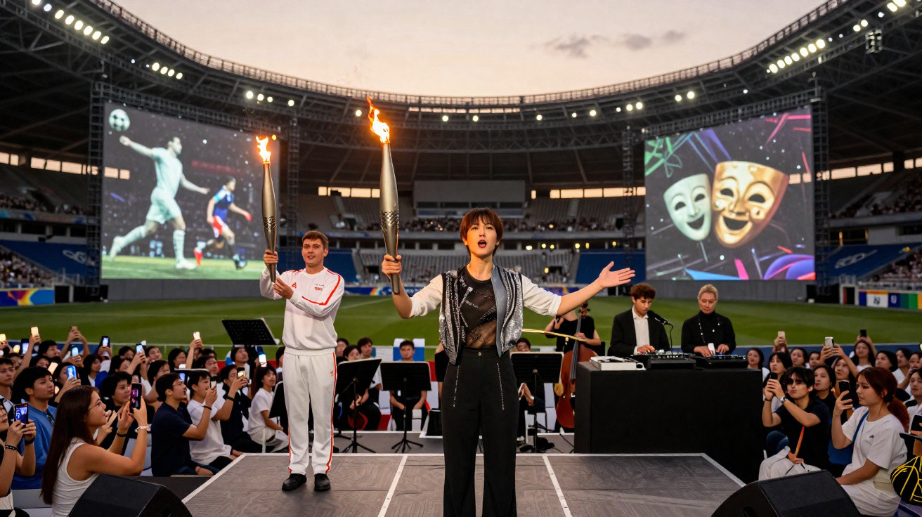 Mulher com tocha acesa no palco de estádio durante cerimônia, com pessoas assistindo e fotos na plateia.