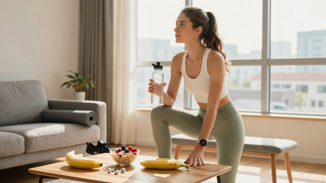 Mulher com roupa fitness segurando garrafa de água em sala com frutas, iogurte e tapete de yoga na mesa.