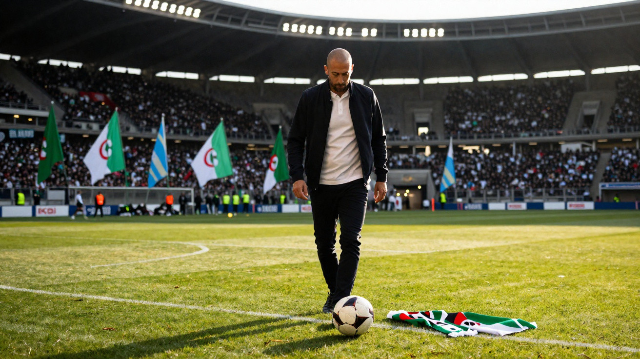 Homem de terno e camisa branca conduz bola de futebol em campo com estádio e público ao fundo.