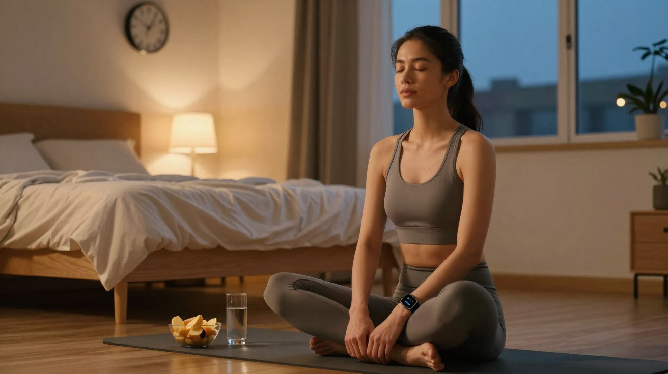 Mulher meditando sentada de pernas cruzadas em tapete de yoga no quarto ao entardecer.