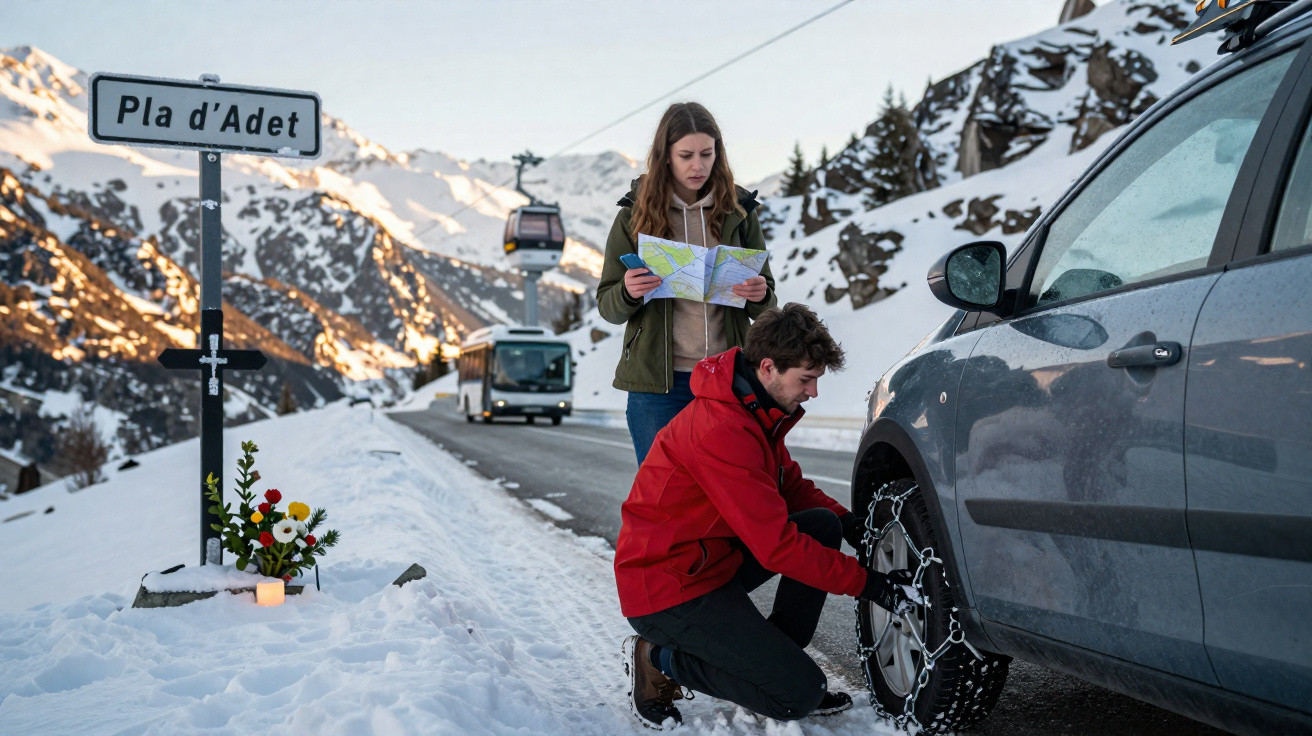 Casal na neve ao lado de carro; homem coloca correntes de neve e mulher consulta mapa na placa Pla d'Adet.
