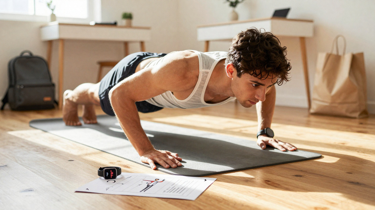 Homem jovem fazendo flexão em tapete de yoga em sala iluminada, com relógio e plano de treino no chão.