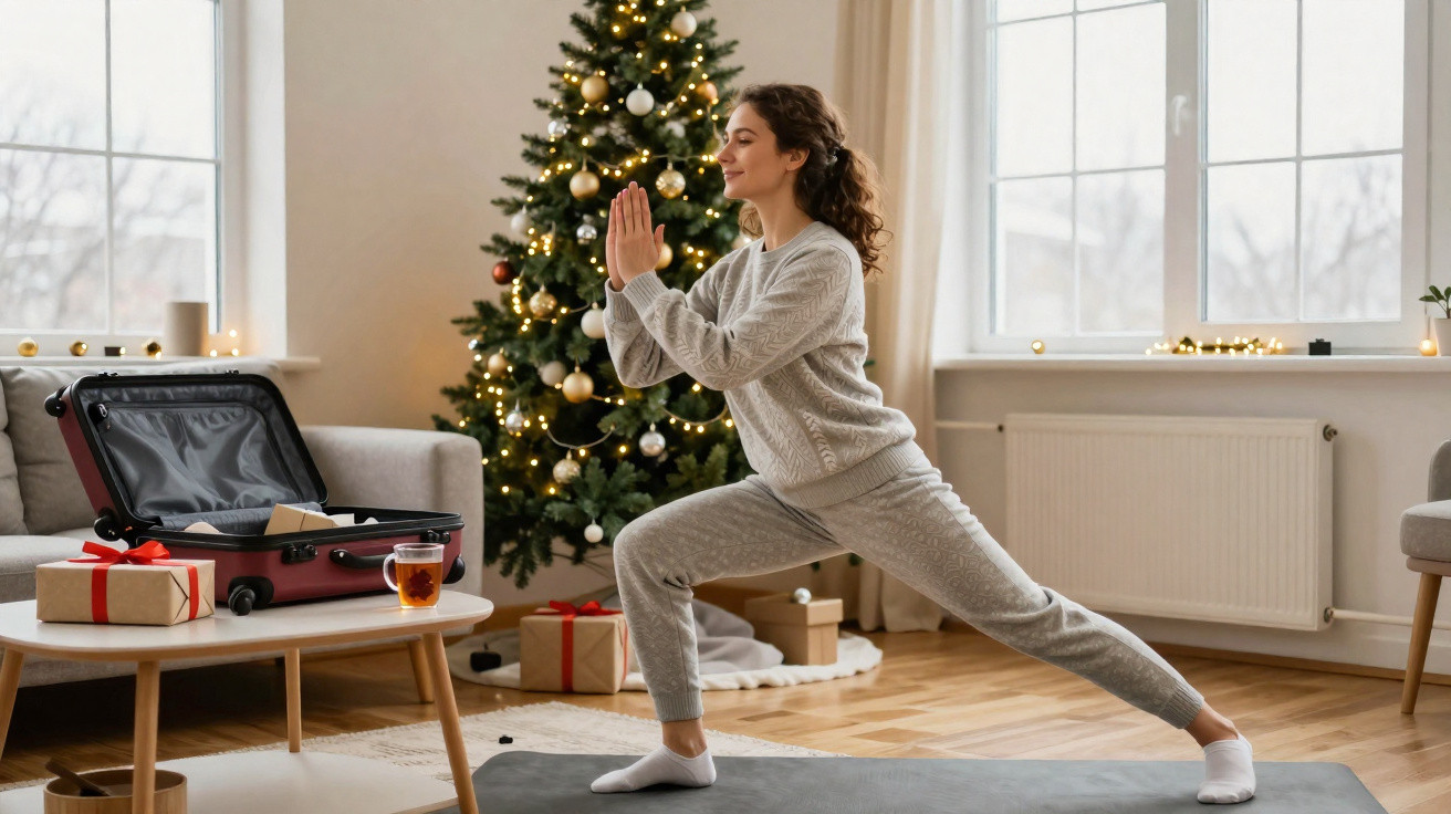Mulher praticando yoga em tapete na sala decorada com árvore de Natal e presentes.