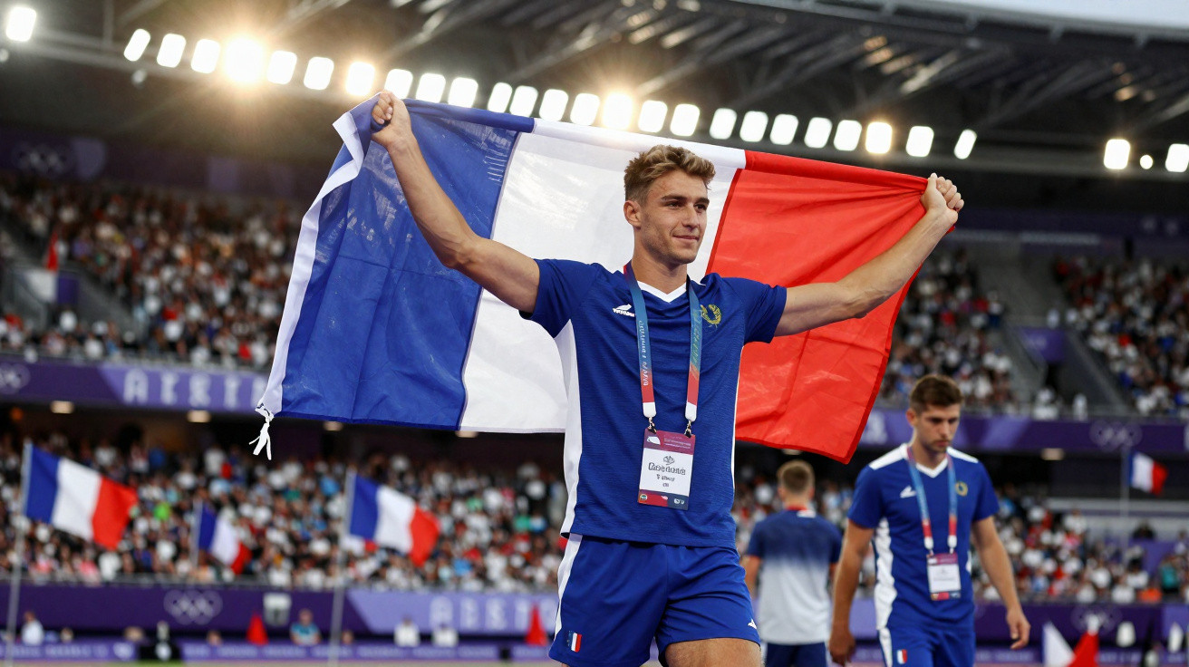 Atleta francês segurando a bandeira da França em estádio com público ao fundo.