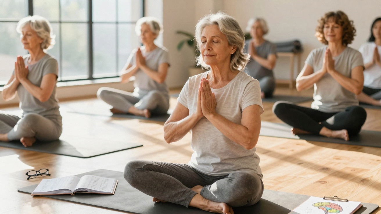 Grupo de mulheres idosas meditando sentadas em tapetes de yoga em sala iluminada.