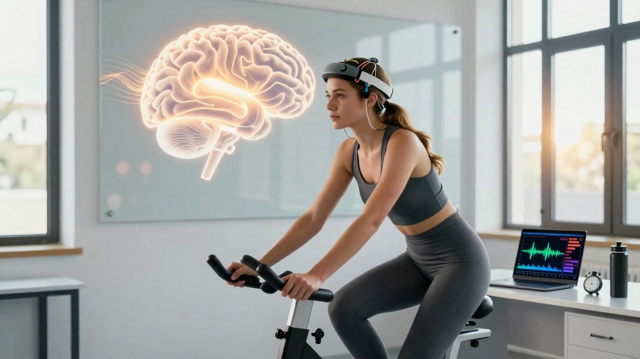 Mulher em roupa fitness usando capacete de monitoramento cerebral enquanto pedala bicicleta ergométrica indoors.