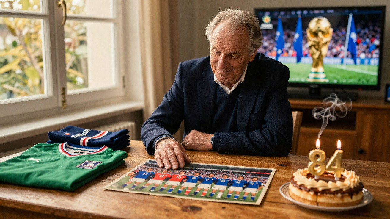 Homem idoso sorri sentado à mesa com bolo de aniversário, foto de time de futebol e camisa, TV com taça ao fundo.