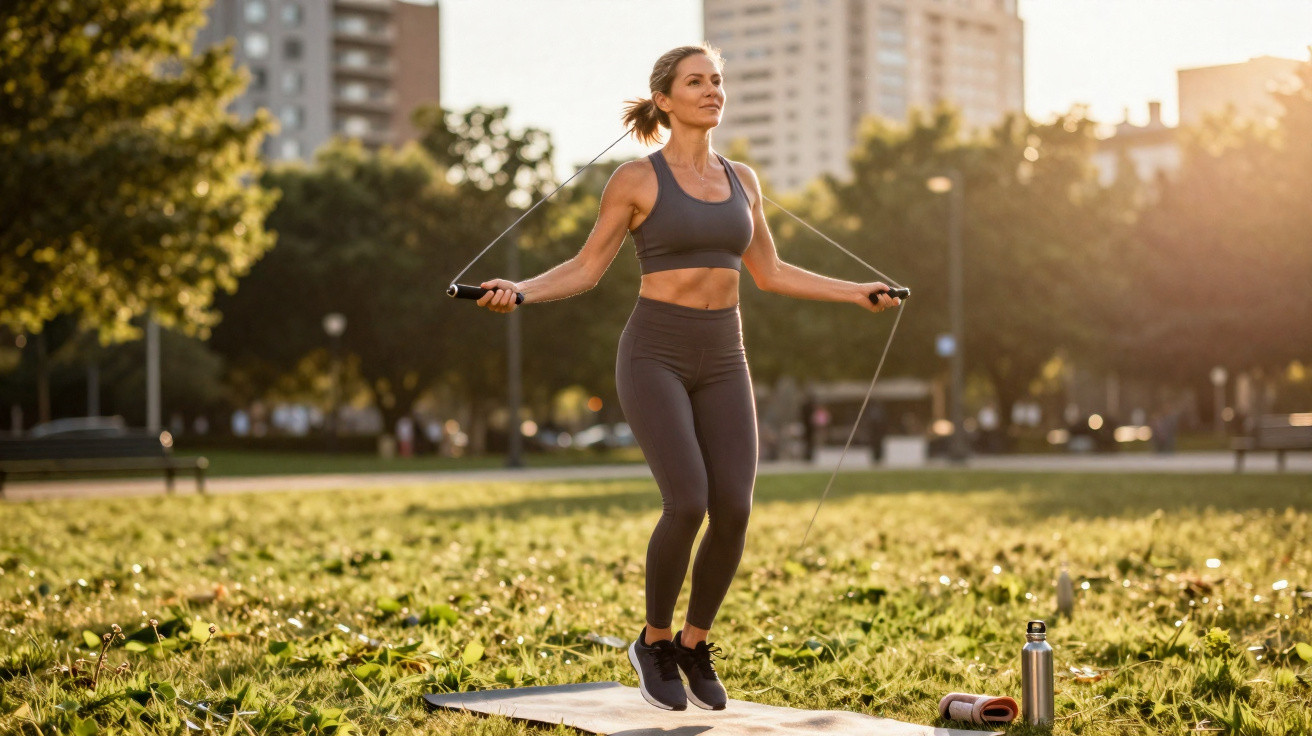 Mulher fazendo exercício de pular corda em parque urbano ao ar livre durante o dia.