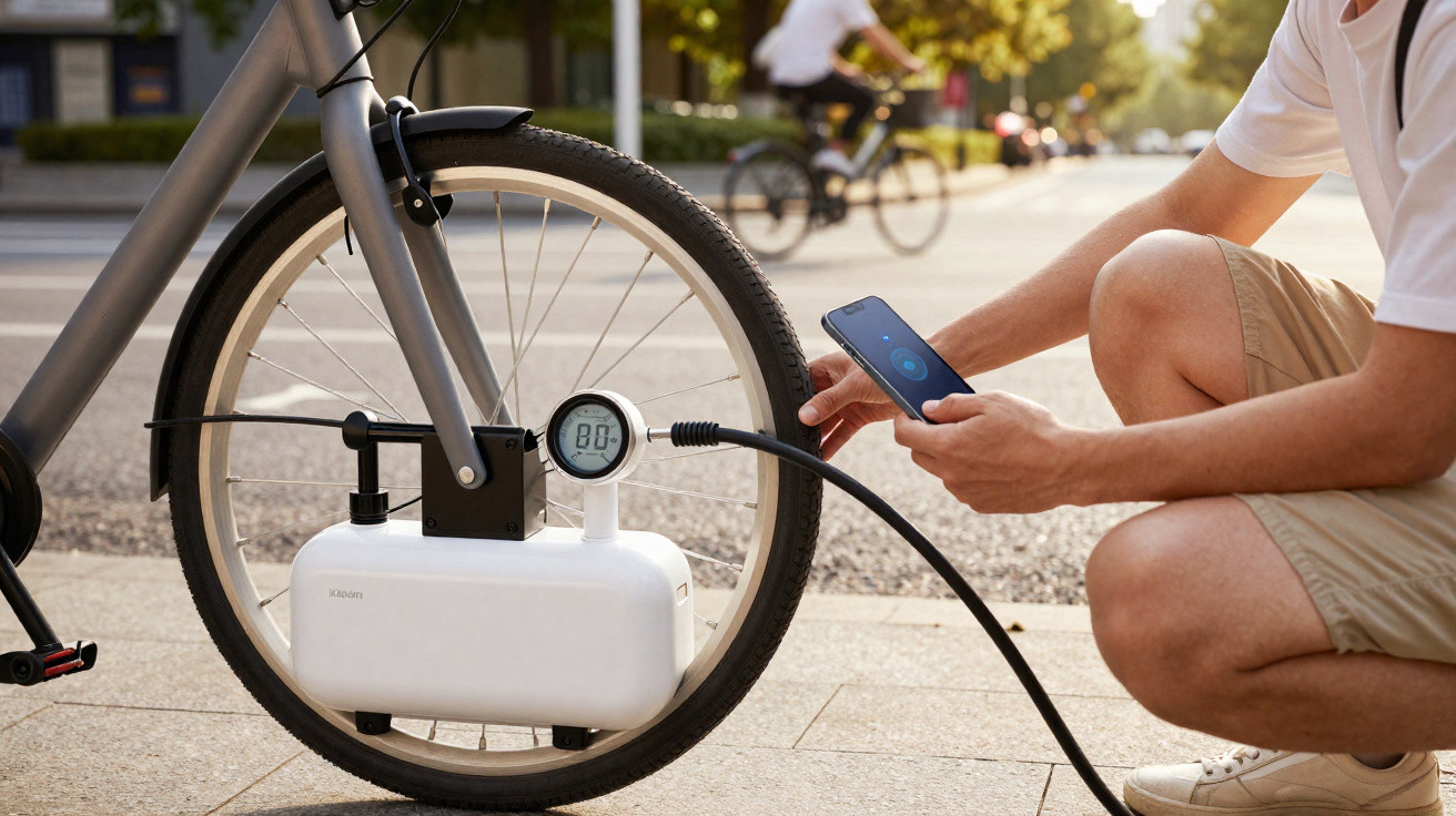 Pessoa usando um compressor portátil para ajustar o pneu de bicicleta branca ao ar livre.