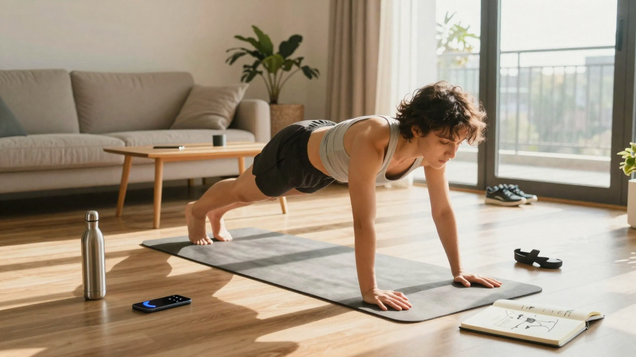 Pessoa jovem fazendo prancha em tapete de yoga na sala iluminada, com garrafa, celular e livros ao redor.