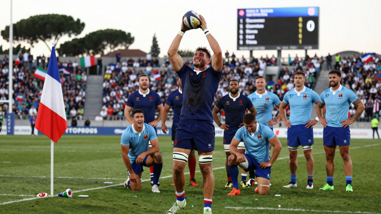 Jogadores de rugby em campo durante treino ou comemoração, com torcida ao fundo e bandeira da França.