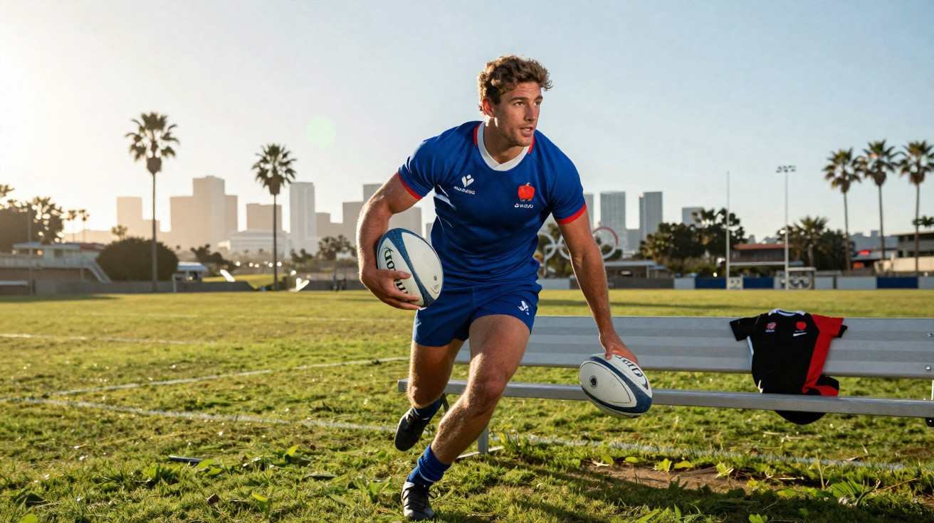Jogador de rugby com uniforme azul corre segurando bola em campo com banco e cidade ao fundo.