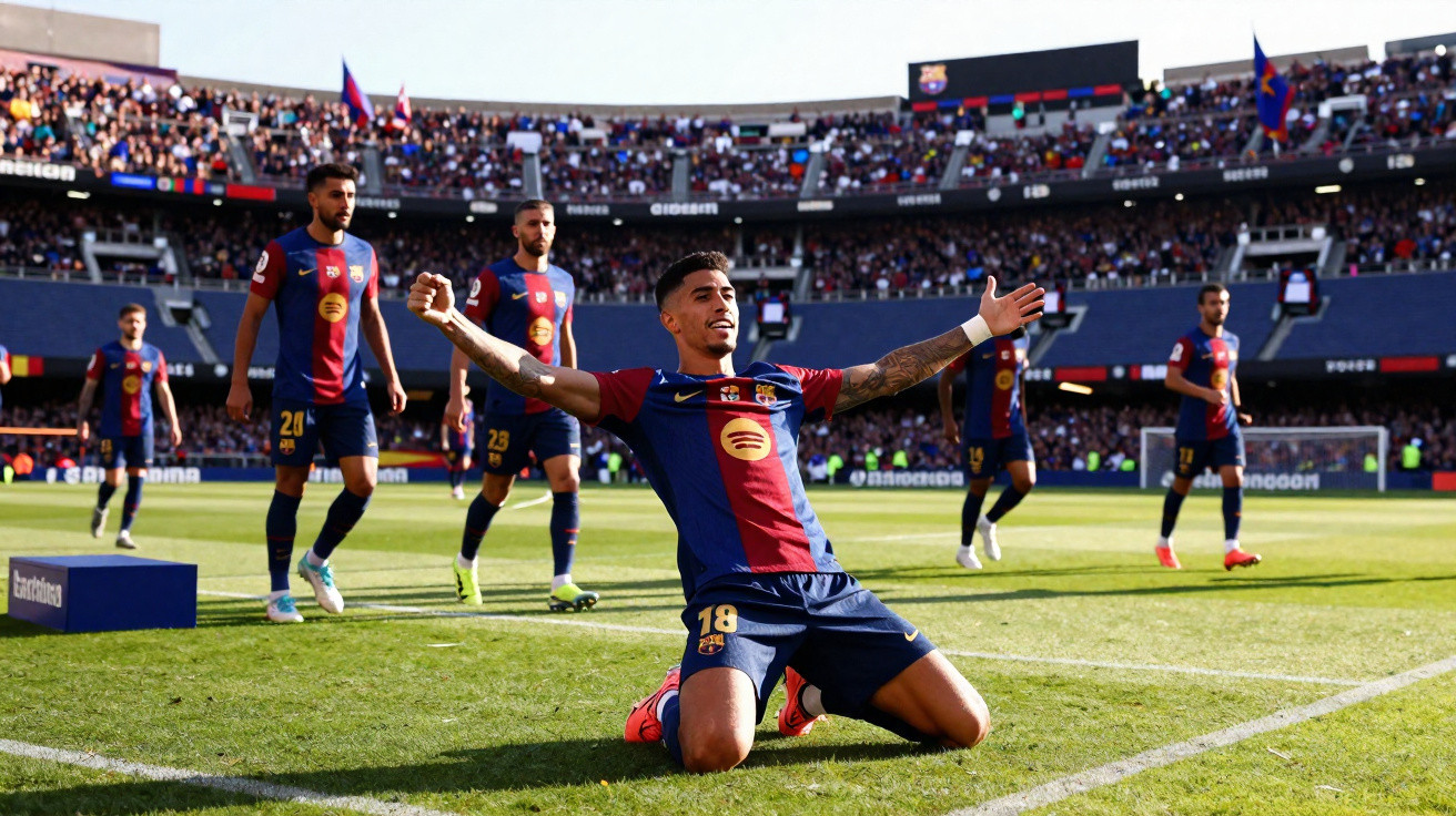 Jogador do Barcelona celebrando gol ajoelhado no campo com torcida ao fundo em estádio cheio.