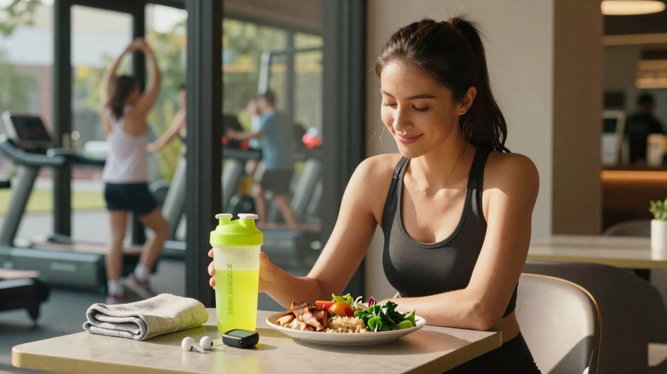 Mulher em roupa esportiva sentada à mesa de academia com prato de comida saudável e coqueteleira.