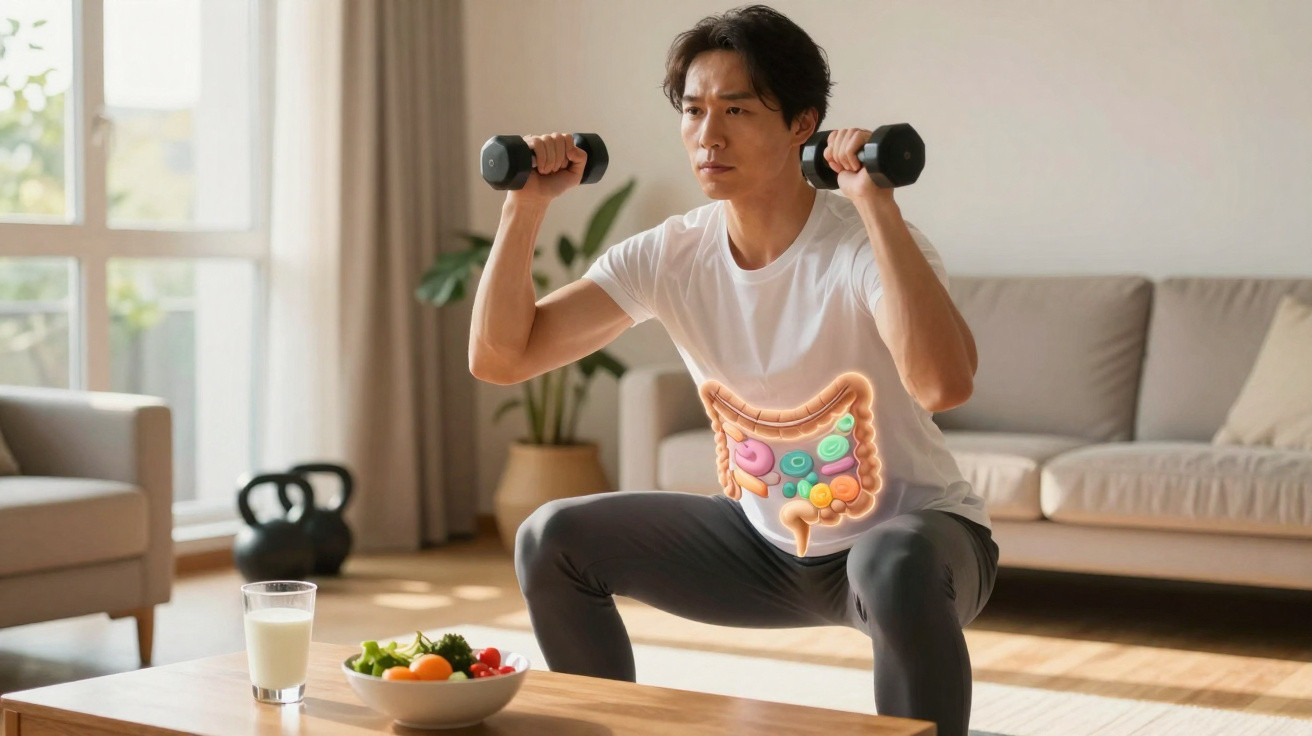 Homem fazendo agachamento com halteres em sala iluminada, com imagem do sistema digestivo sobreposta na barriga.