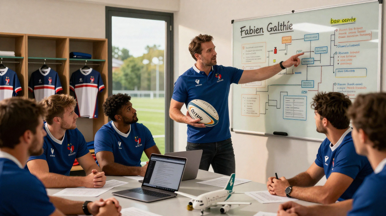 Homem com bola de rugby explica estratégia para três atletas sentados em sala com quadro branco.