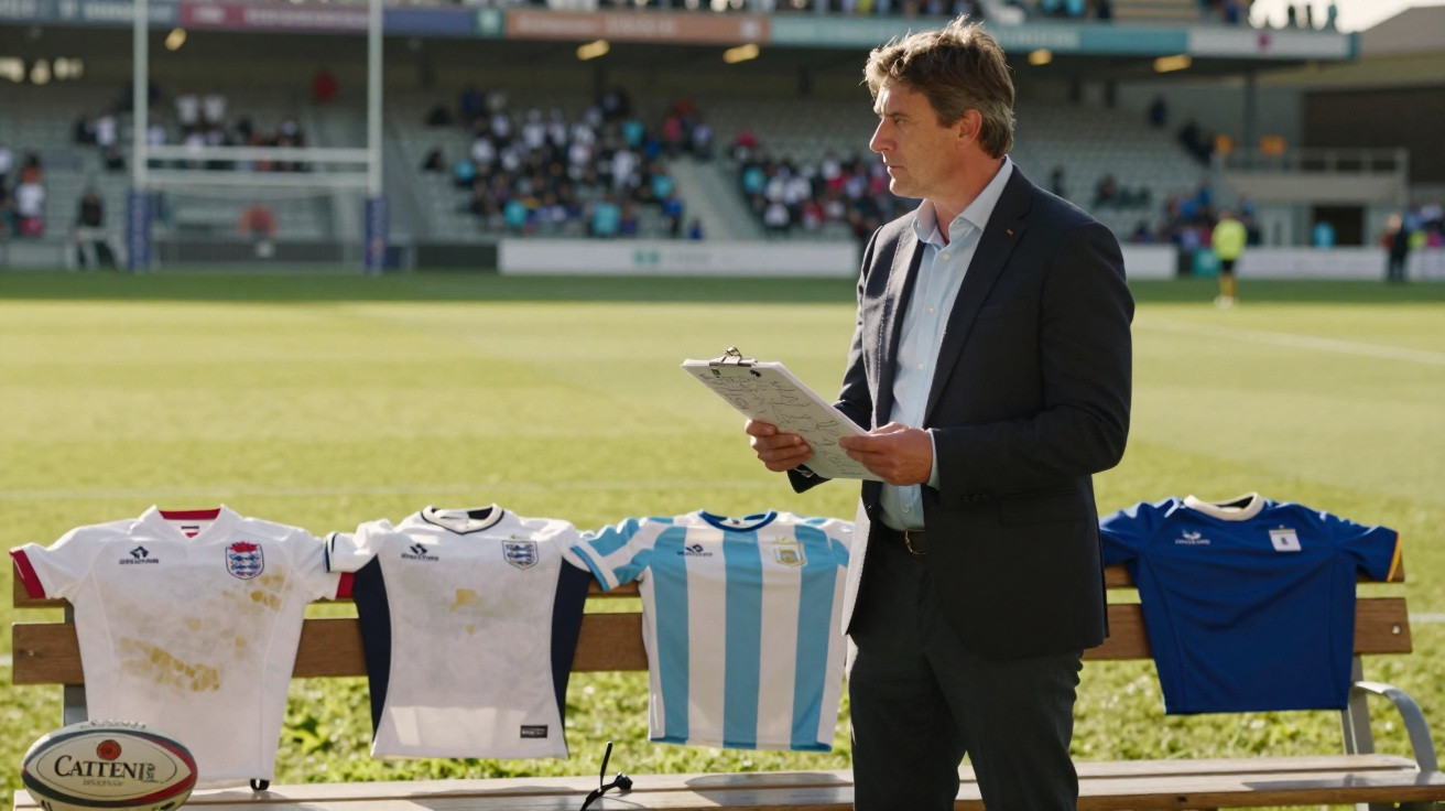 Homem com prancheta observa campo de rugby com quatro camisas sobre banco de madeira.