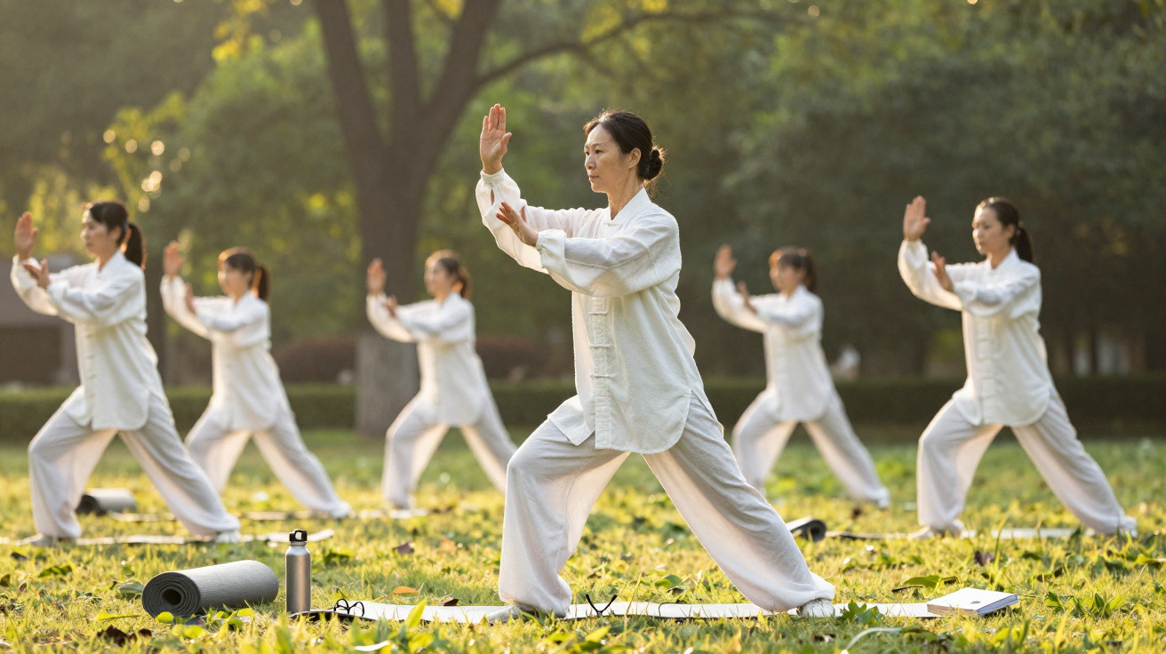 Grupo de pessoas praticando tai chi em parque ensolarado com roupas tradicionais brancas.