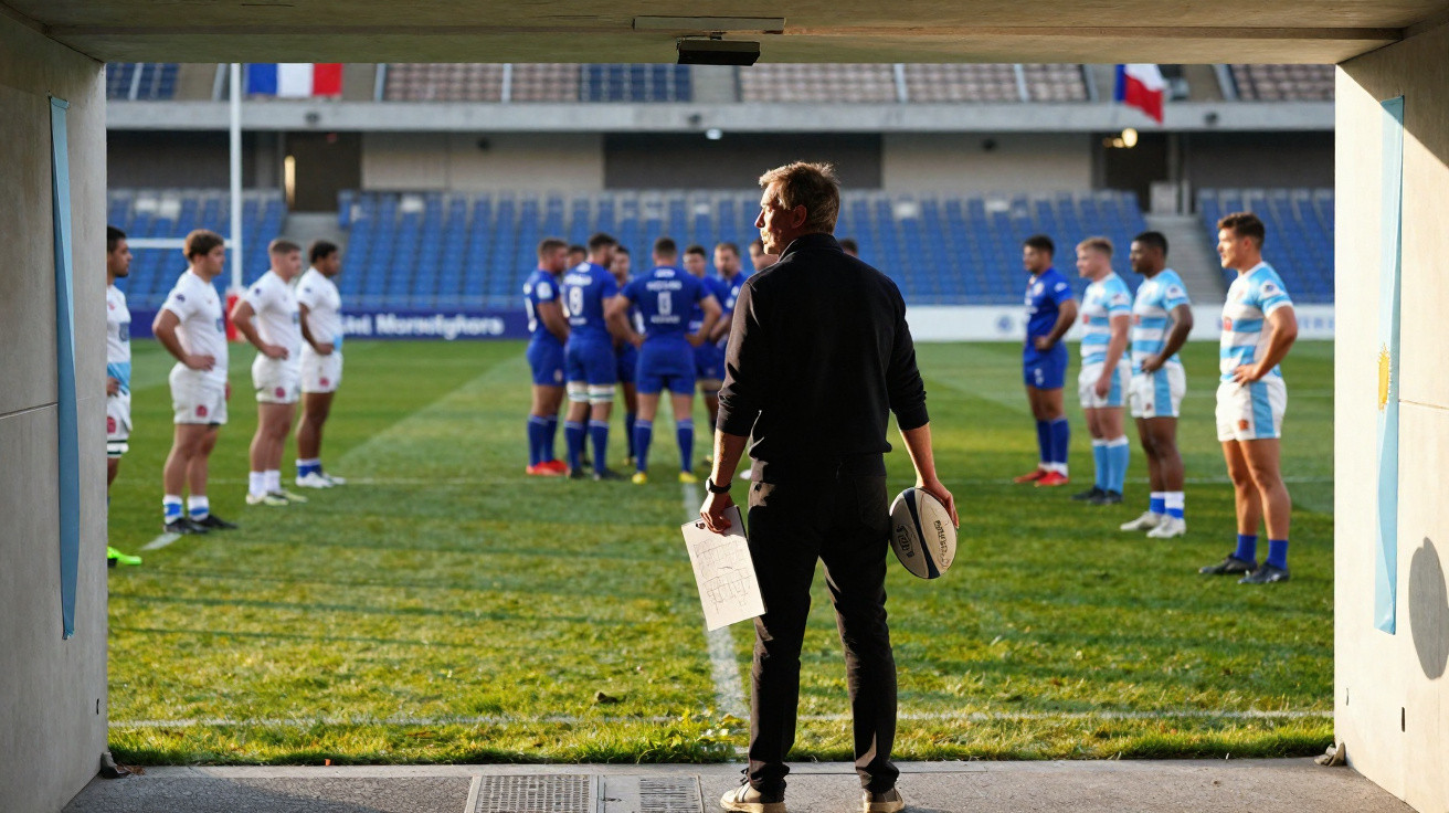 Treinador de rugby em túnel, com dois times alinhados no campo e arquibancadas ao fundo.