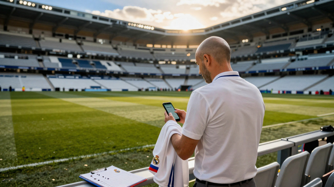 Homem em uniforme branco usando celular na beira de um estádio de futebol vazio ao entardecer.