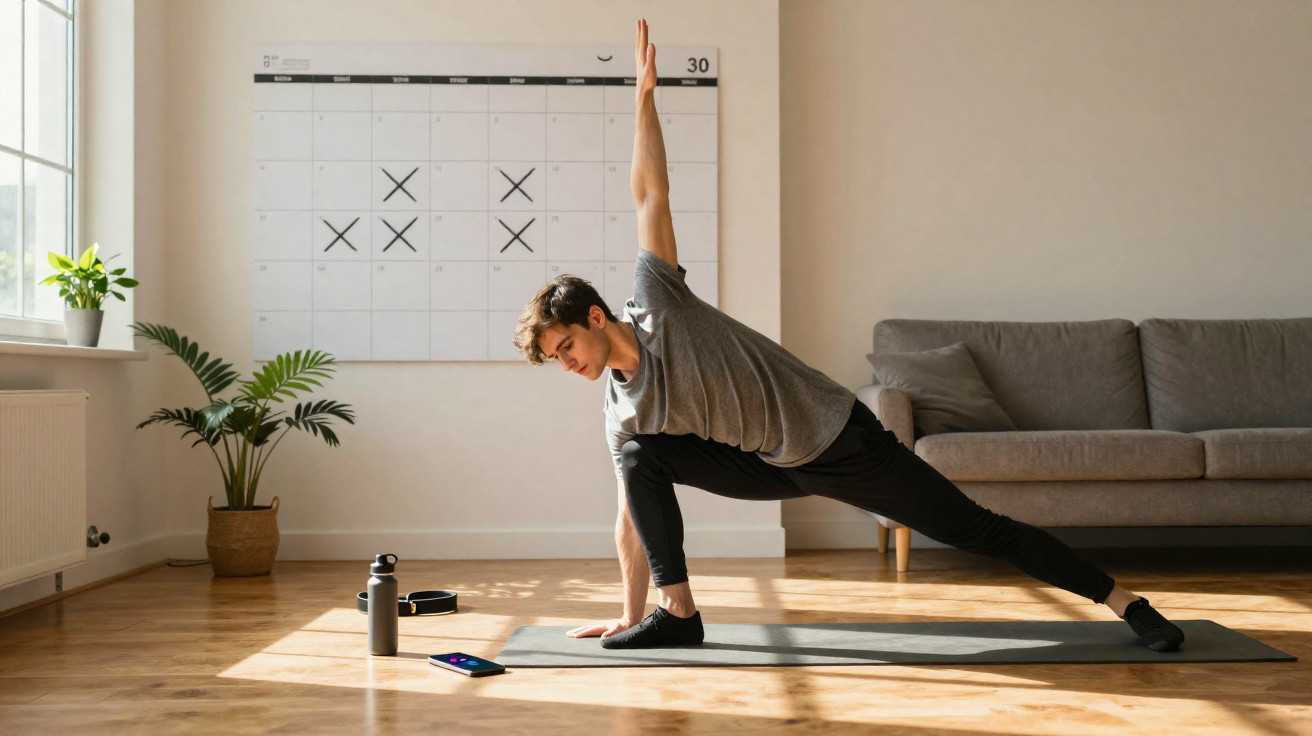 Homem jovem fazendo alongamento de yoga em tapete em sala iluminada com planta e calendário na parede.
