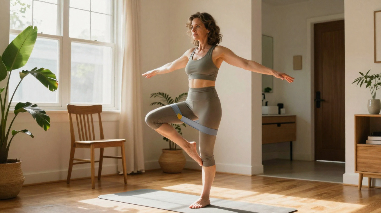 Mulher fazendo exercício de equilíbrio em um tapete de yoga dentro de apartamento iluminado.