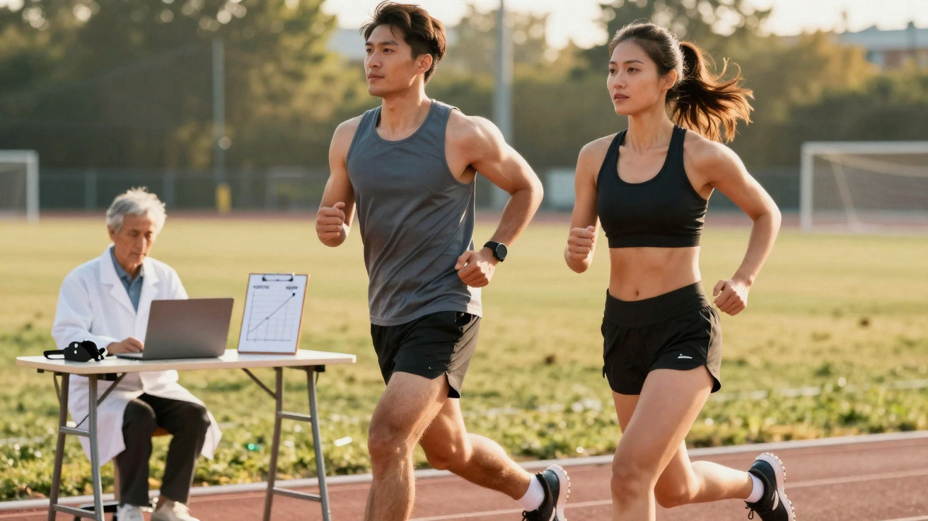 Casal correndo em pista de atletismo com médico sentado e analisando dados em notebook ao lado.