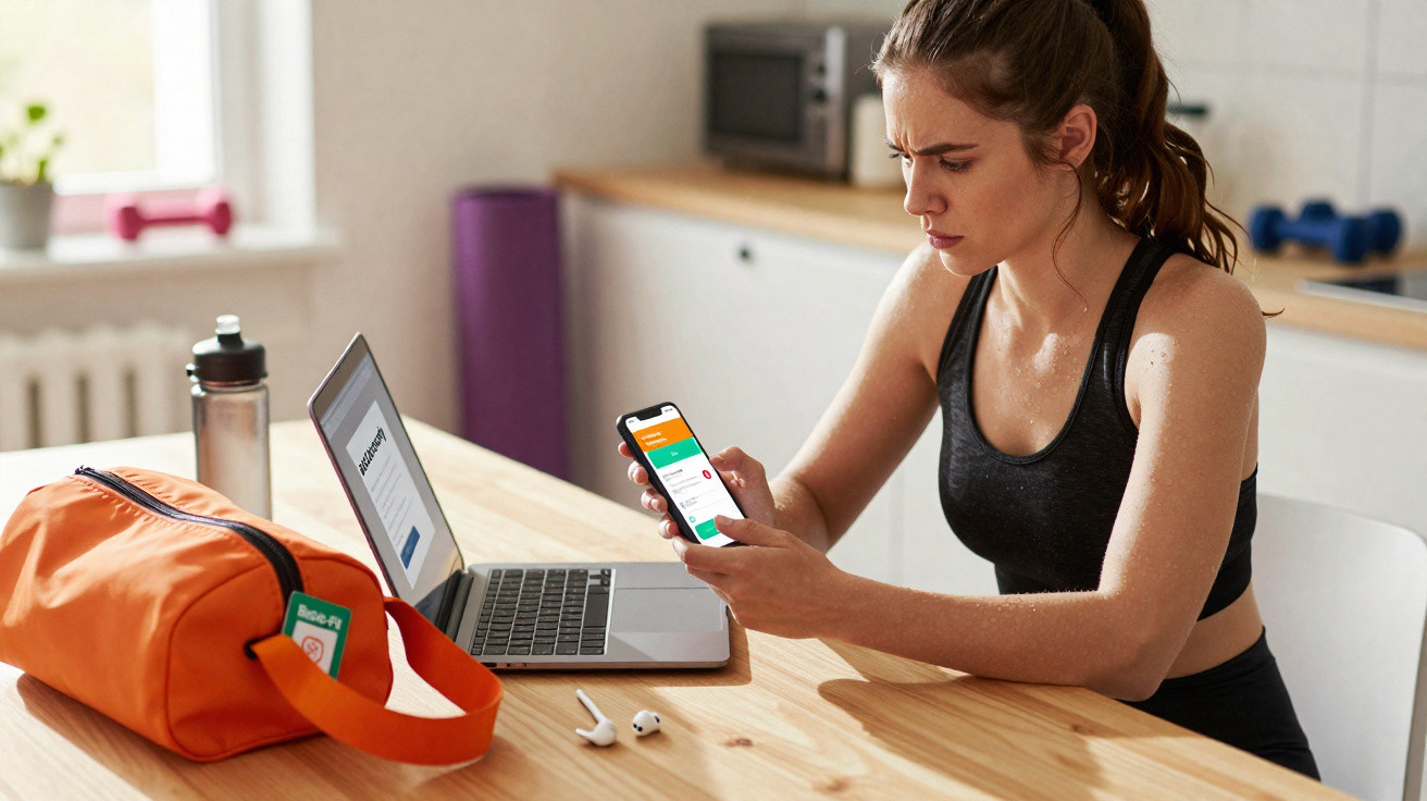 Mulher em roupa esportiva usa laptop e segura celular numa mesa com garrafa, fones e bolsa ao lado.