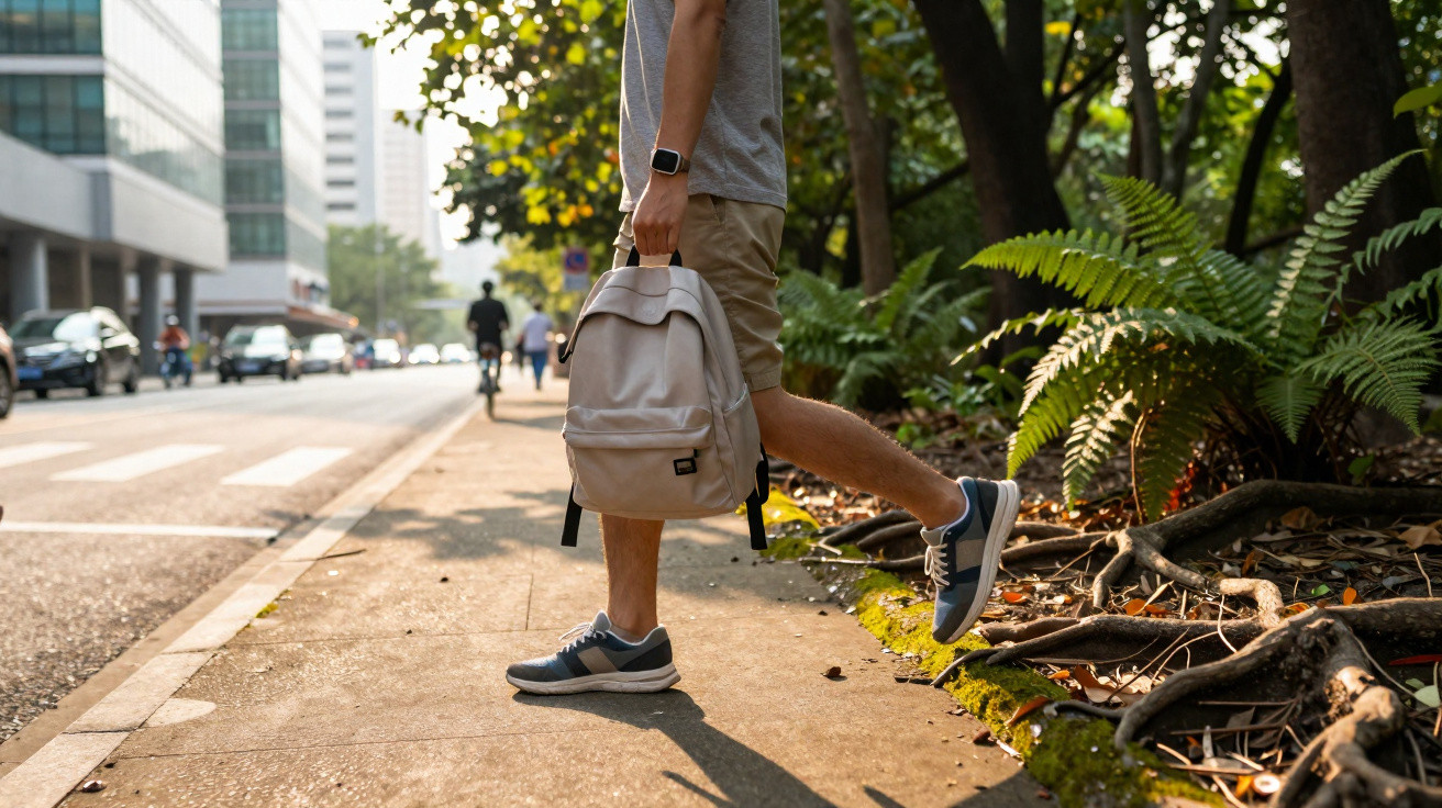 Pessoa caminhando na calçada segurando mochila clara em área urbana ensolarada.