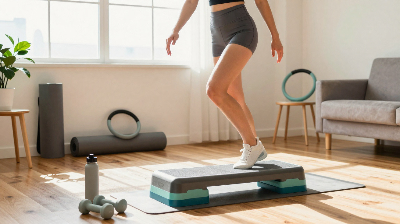 Pessoa fazendo exercício de step em casa, com tapetes, halteres e garrafa de água ao redor.