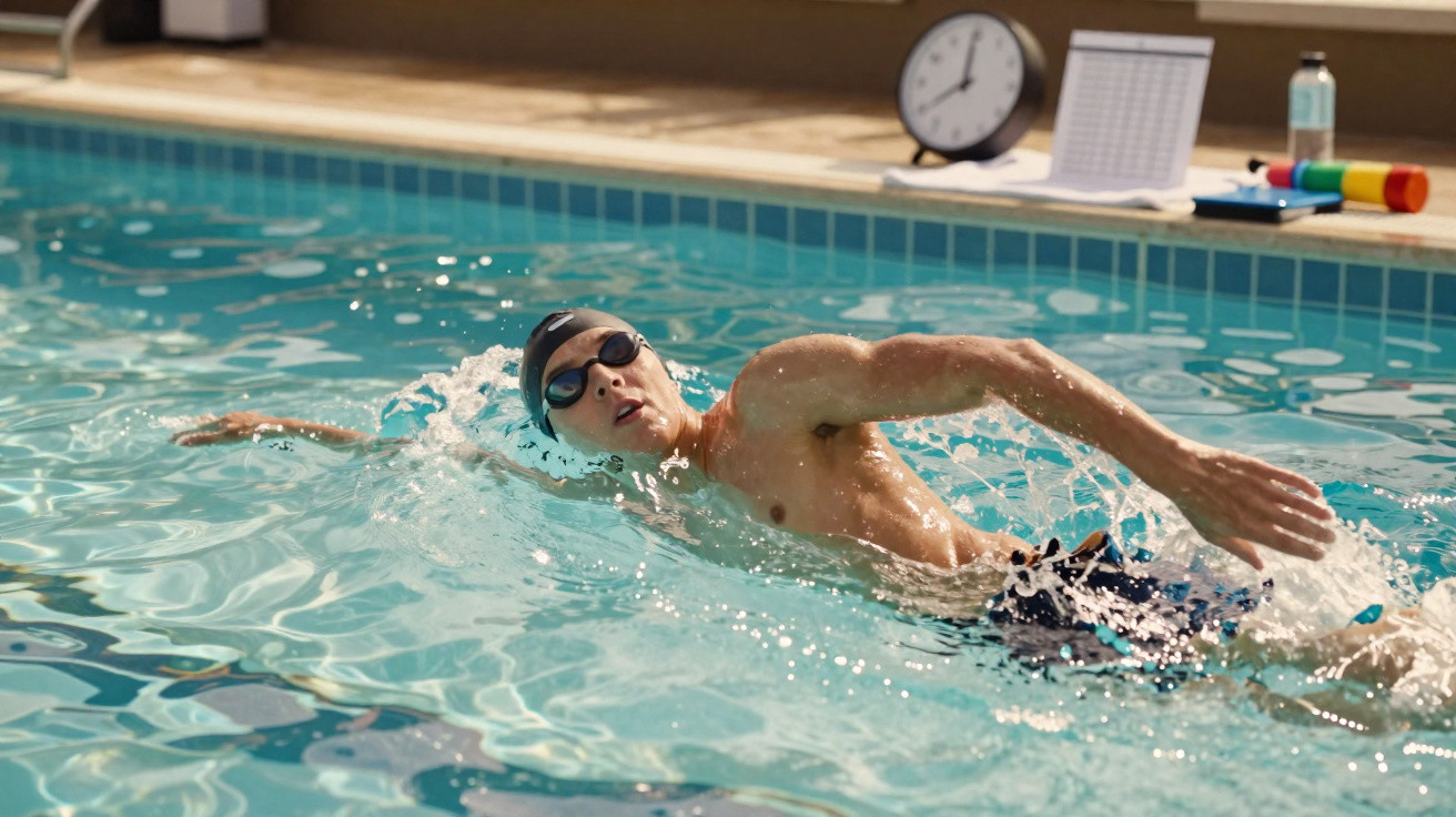 Jovem nadando estilo livre em piscina com touca e raias azuis e vermelhas.