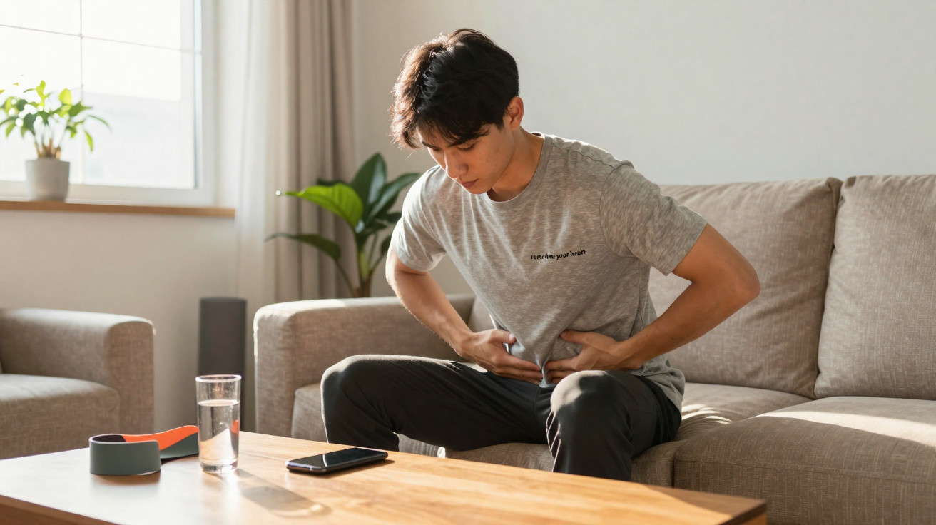 Jovem sentado no sofá com expressão de dor abdominal, segurando a barriga com as mãos.