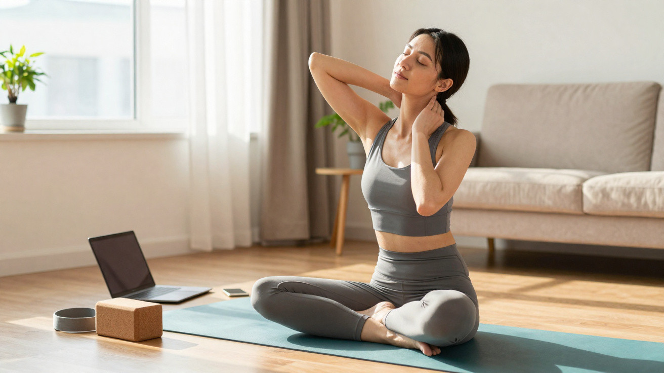 Mulher praticando yoga sentada no tapete em sala iluminada com laptop e plantas ao fundo.