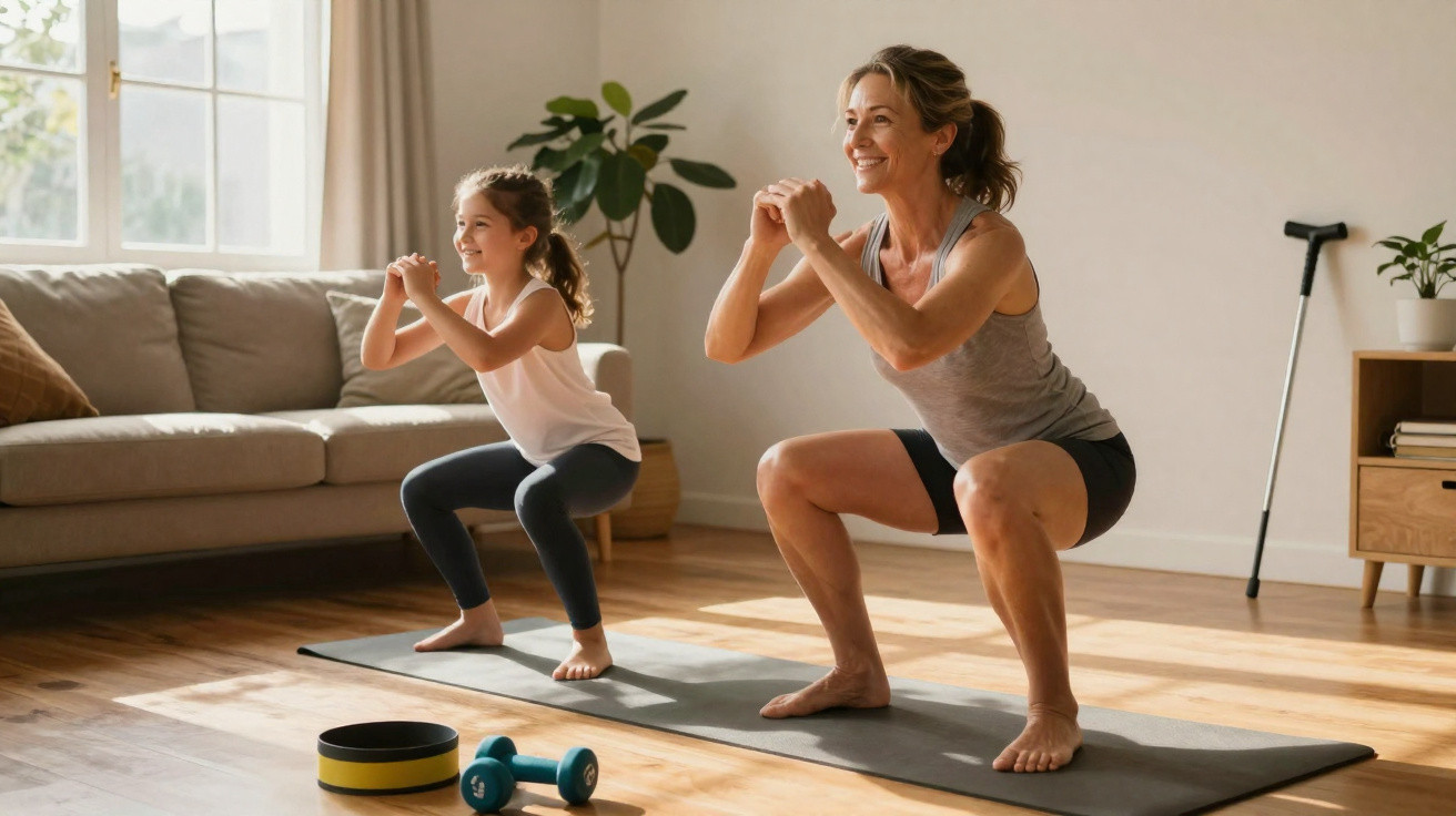 Mulher e menina fazendo agachamento juntas em tapetes de yoga em sala iluminada com planta ao fundo.