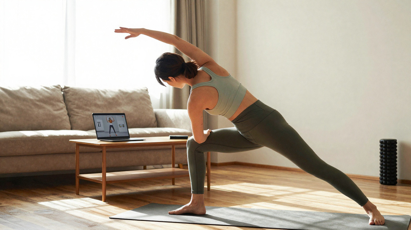 Mulher fazendo alongamento em tapete de yoga enquanto acompanha treino em laptop na sala iluminada.
