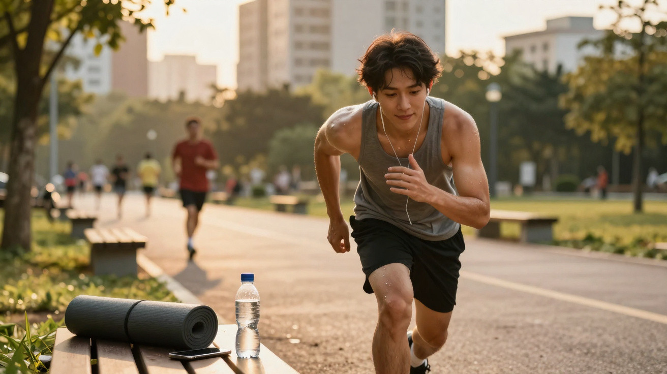 Jovem correndo na pista de caminhada de um parque urbano ao pôr do sol, com fones de ouvido.