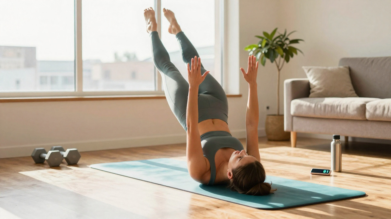 Mulher fazendo exercício abdominal em tapete de yoga em sala iluminada durante o dia.