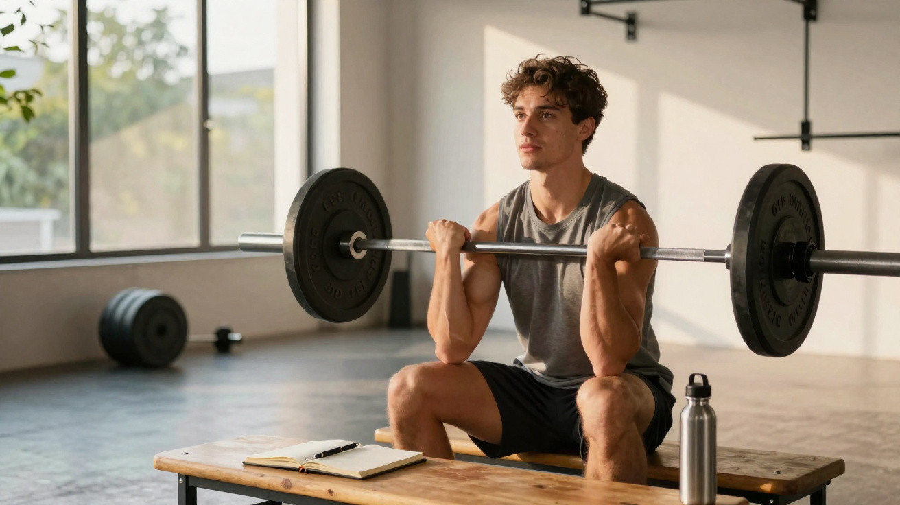 Jovem sentado em banco em academia, realizando exercício de levantamento de barra com pesos.