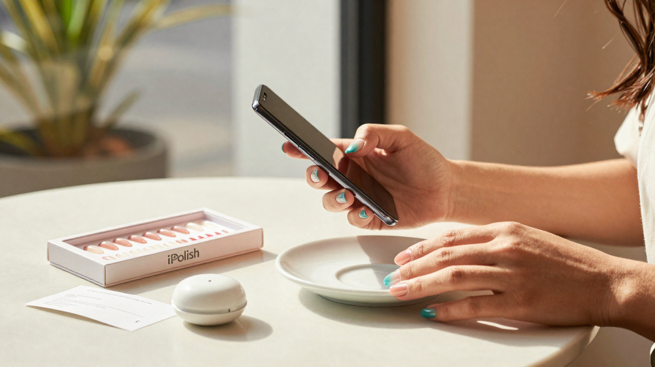 Pessoa com unhas coloridas usando smartphone e touchpad próximo a caixa de esmaltes sobre mesa branca.