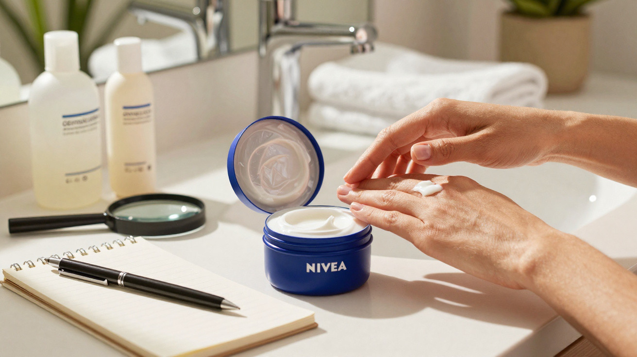 Mãos aplicando creme Nivea branco em pote azul sobre bancada de banheiro clara.