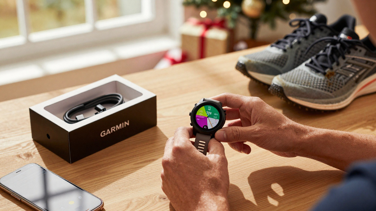 Pessoa ajustando relógio smartwatch Garmin em mesa de madeira com tênis, celular e caixa do relógio.