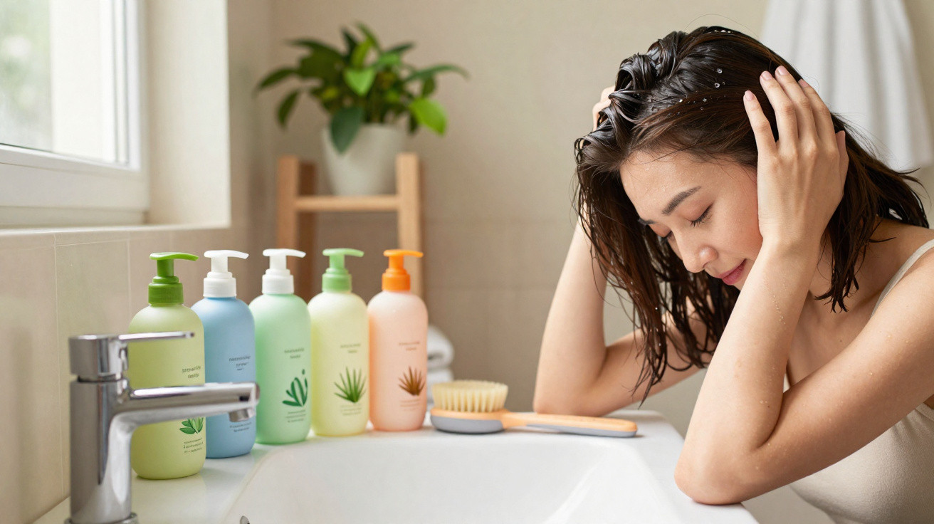 Mulher relaxando apoiada na pia do banheiro com produtos de cuidados pessoais alinhados ao lado.