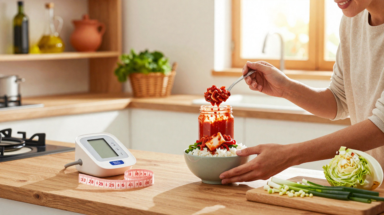 Pessoa servindo arroz com legumes na cozinha, com medidor de pressão e fita métrica na bancada.