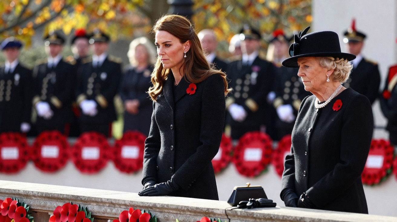Duas mulheres vestidas de preto com flores vermelhas no peito participam de cerimônia solene.