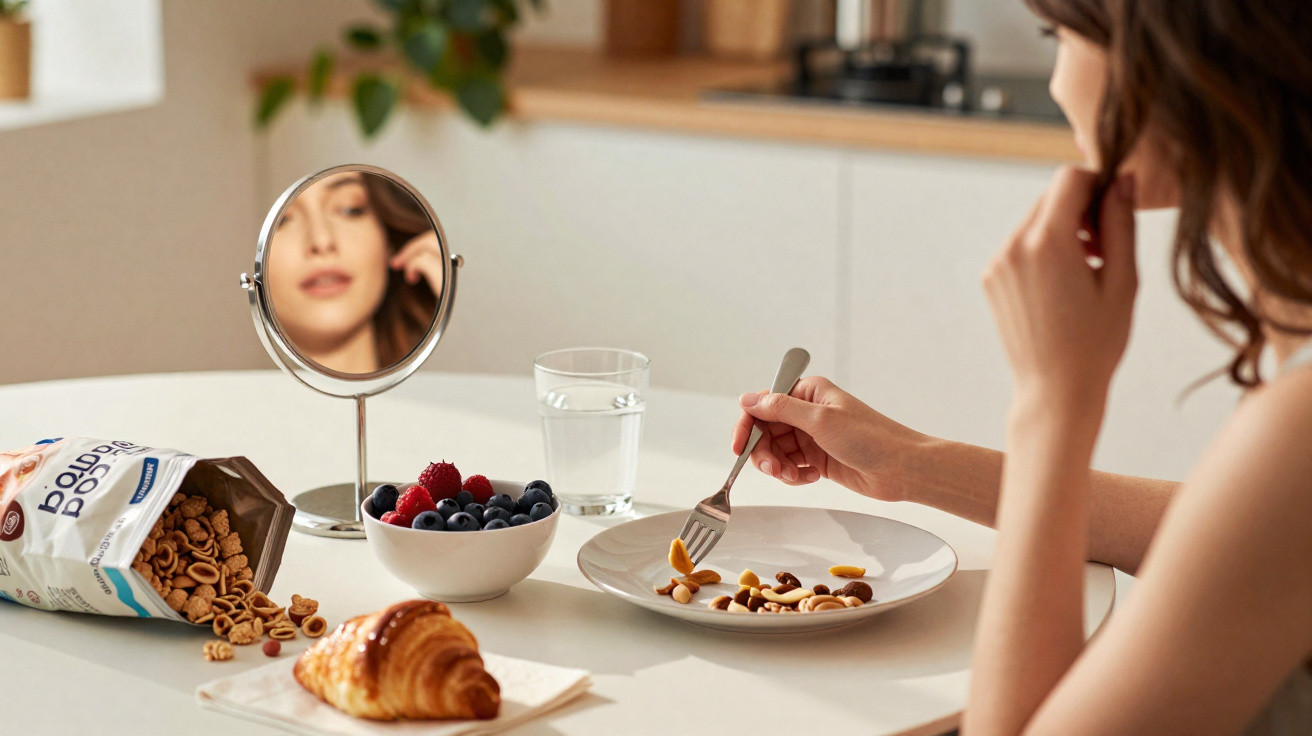 Pessoa sentada em mesa branca, com croissant, frutas vermelhas, copo de água e cereal no café da manhã.