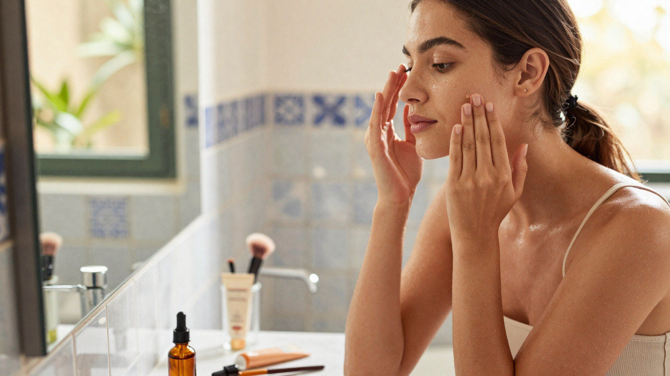 Mulher aplicando creme facial em frente ao espelho no banheiro iluminado pela luz natural.